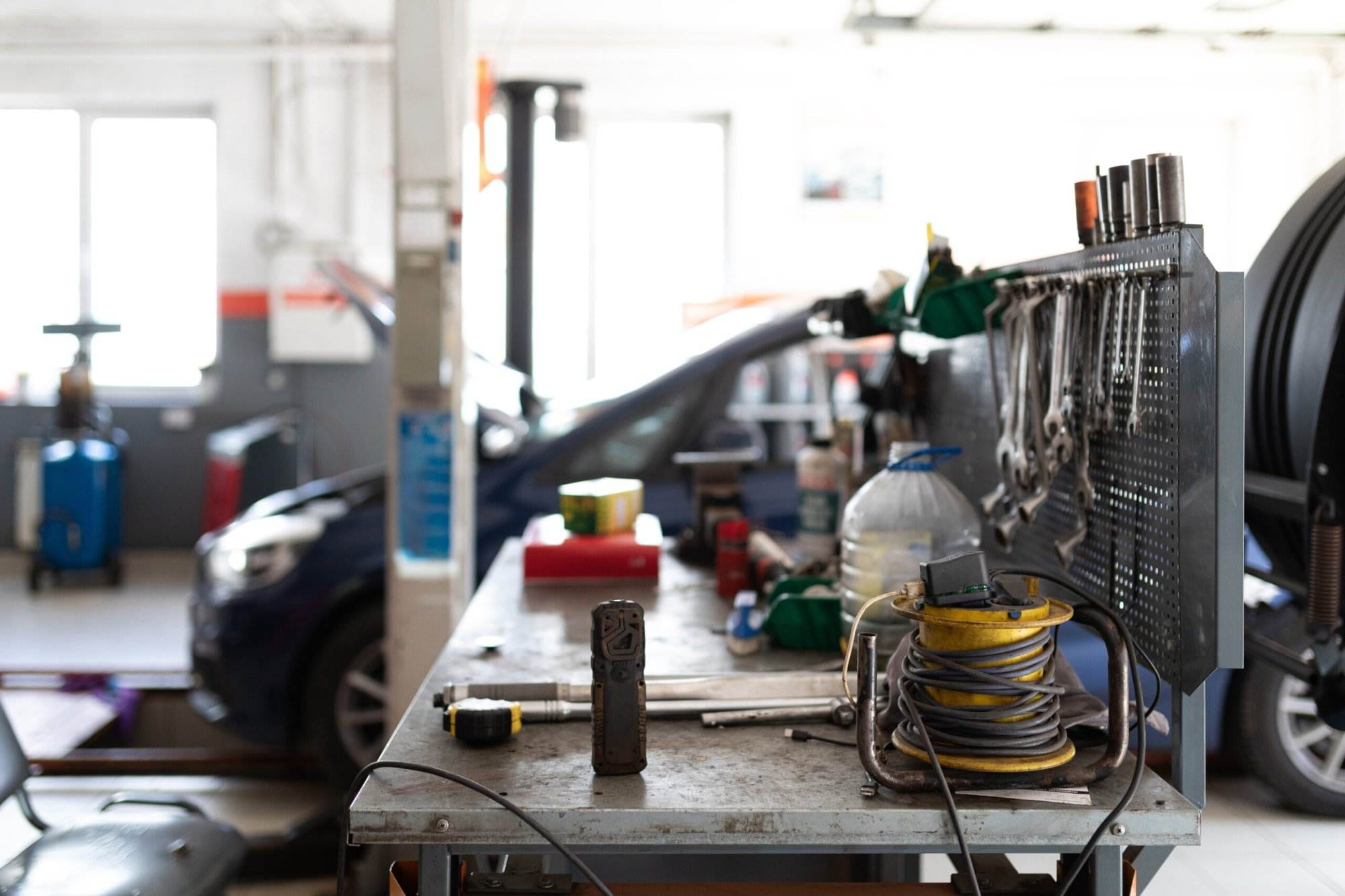 Metal table with tools in an Automotive Repair Shop